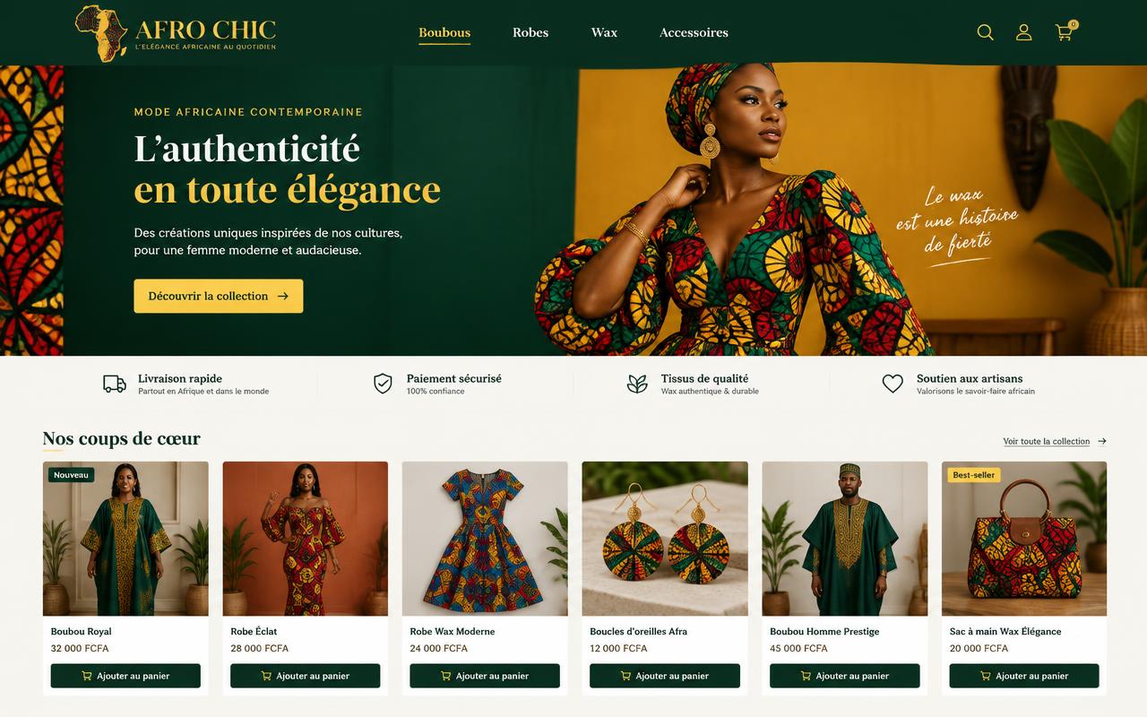 Aperçu d'une boutique de mode africaine en wax vert et jaune