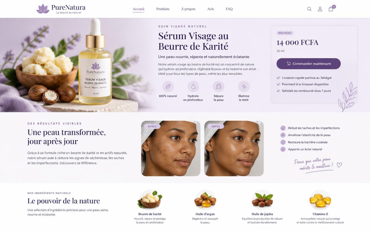 Aperçu d'une page de vente lilas pour un sérum au beurre de karité