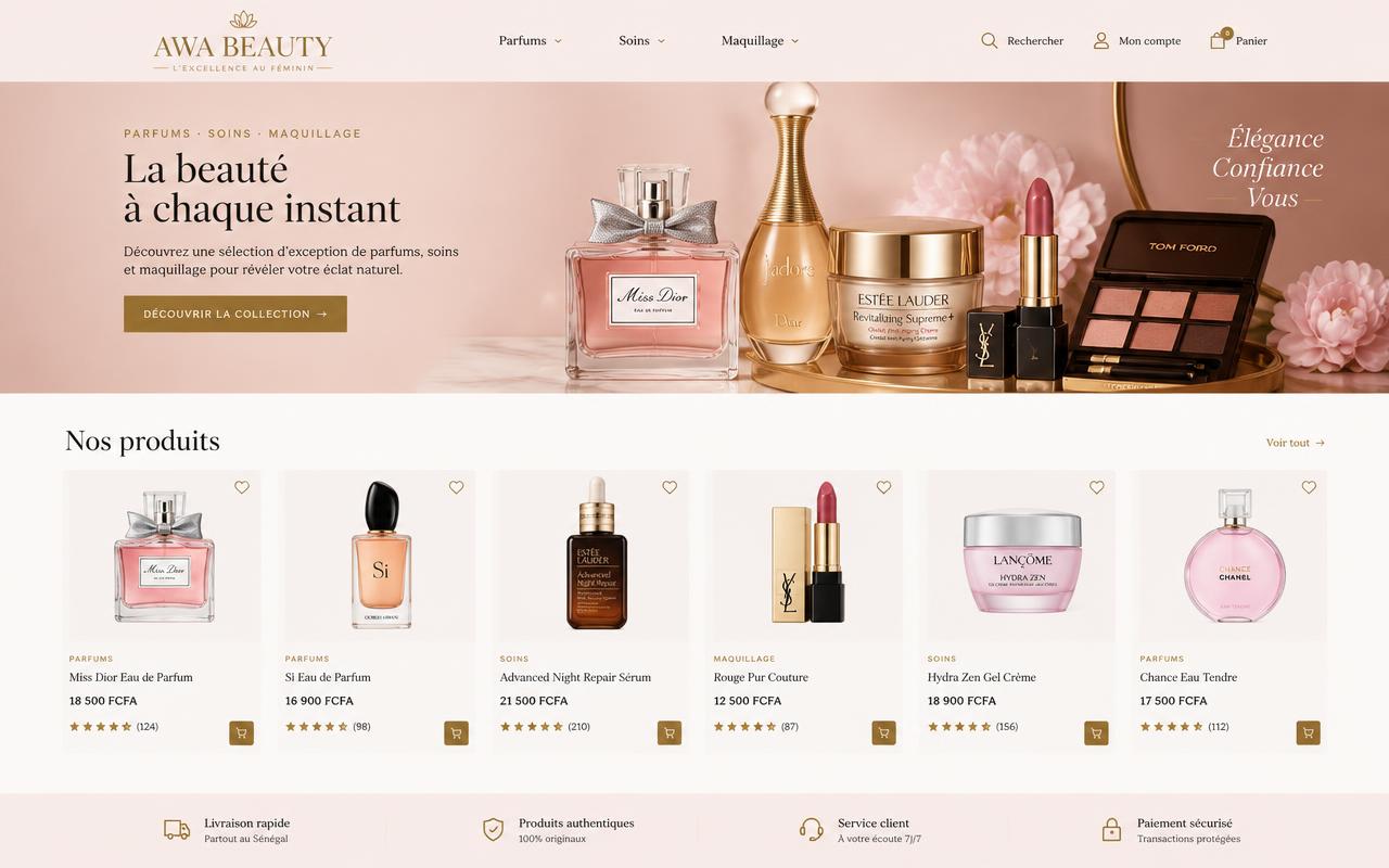 Aperçu d'une boutique beauté rose et or avec parfums et cosmétiques