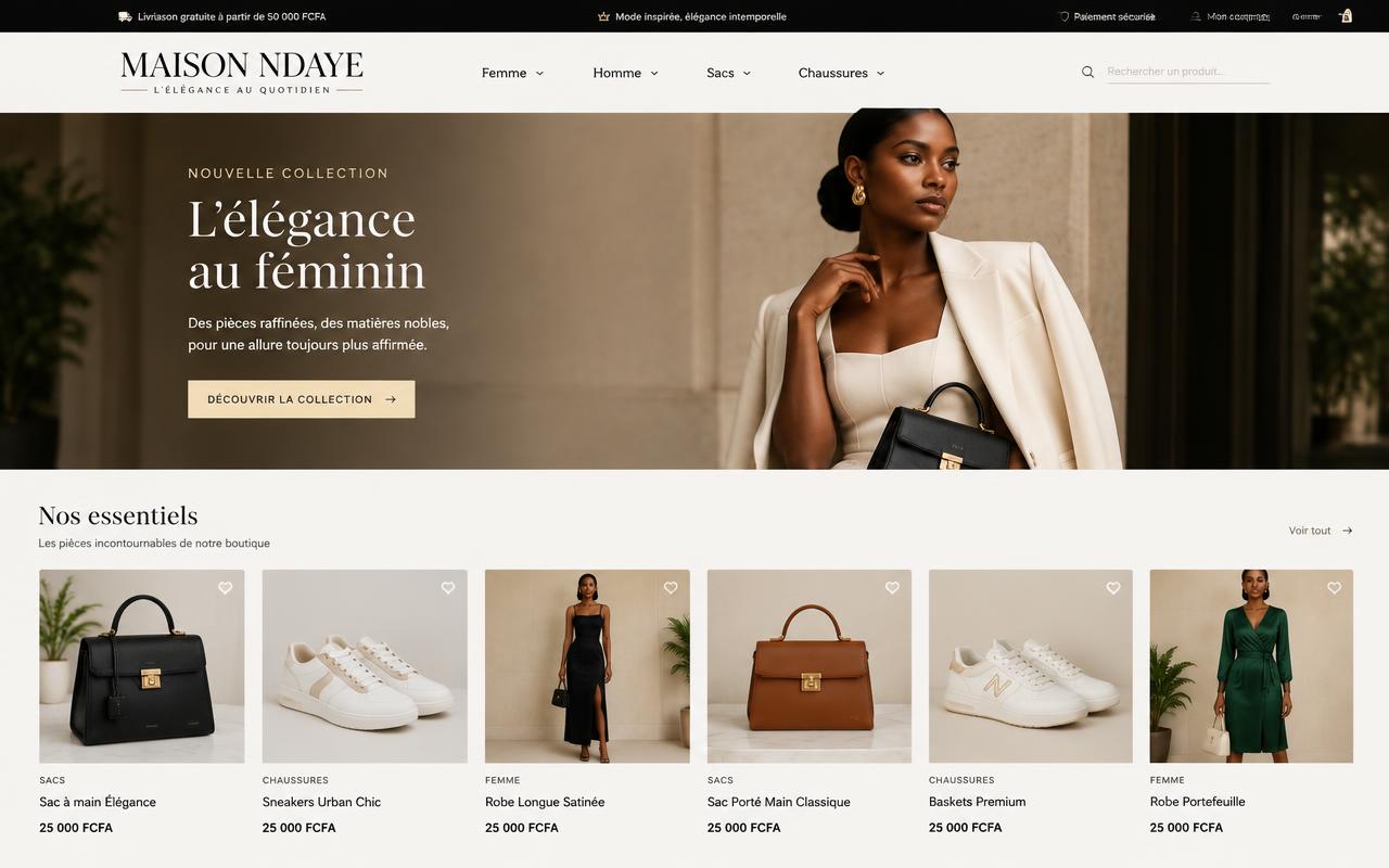 Aperçu d'une boutique de mode premium avec sacs, baskets et robes