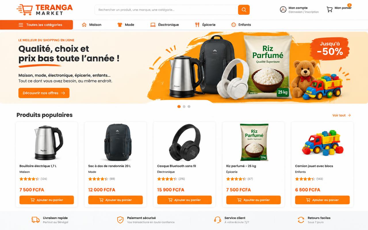 Aperçu d'une boutique généraliste orange avec produits variés