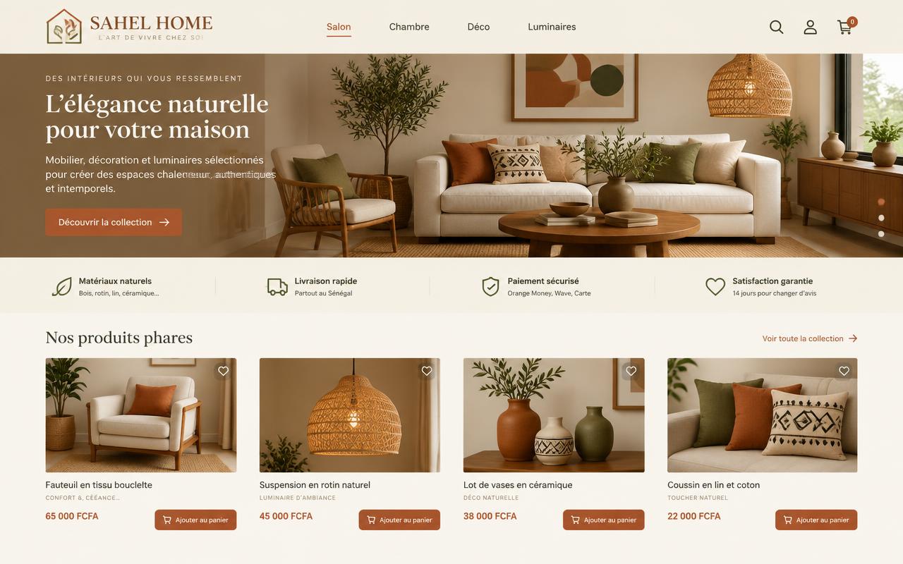 Aperçu d'une boutique de décoration avec salon, luminaires et vases