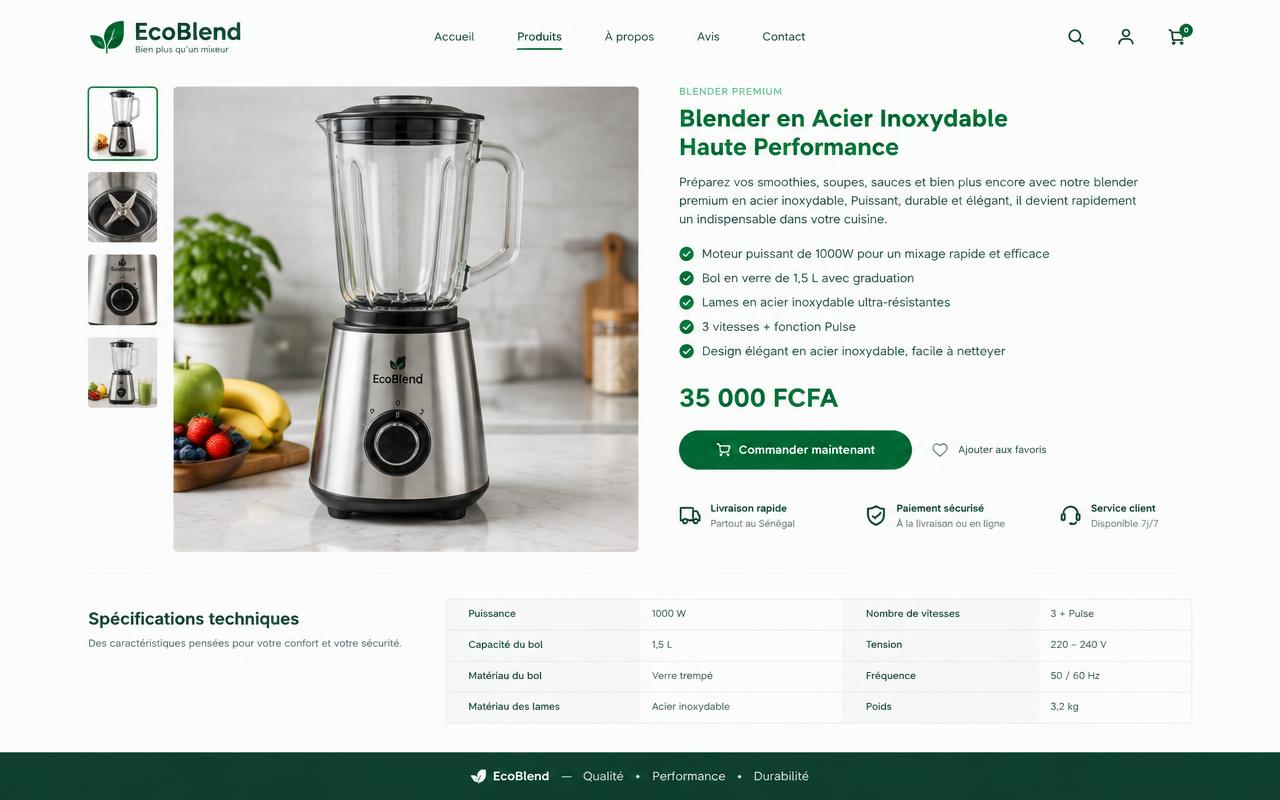Aperçu d'une page produit pour un blender avec fiche technique