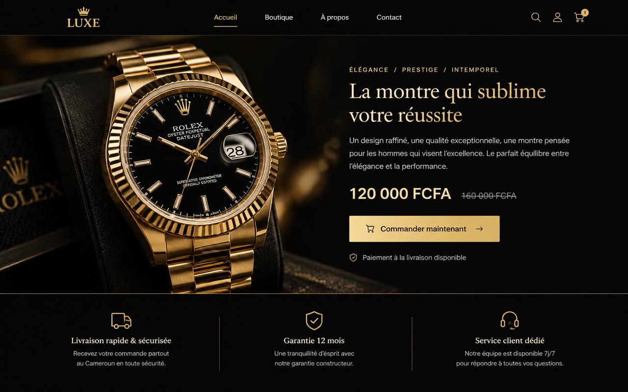 Aperçu d'une page de vente noir et or pour une montre de luxe