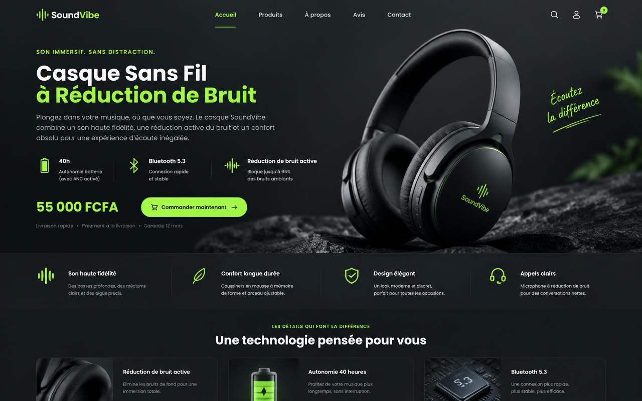 Aperçu d'une page de vente sombre pour un casque sans fil