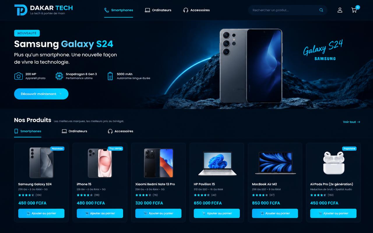 Aperçu d'une boutique high-tech sombre avec smartphones et ordinateurs