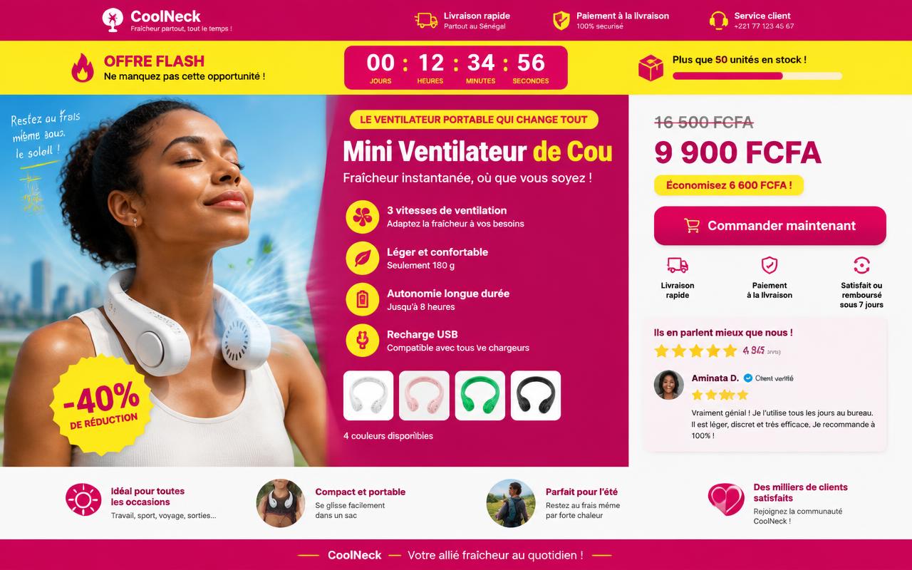 Aperçu d'une page de vente dynamique avec compte à rebours pour un mini ventilateur